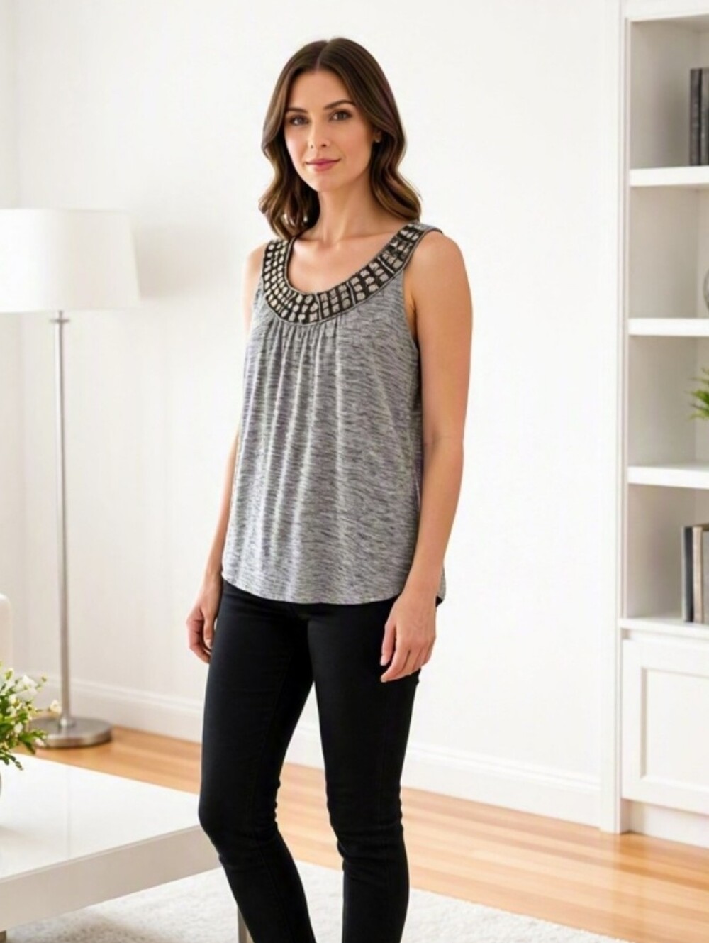 iz Beyer Heather Gray Jersey Sleeveless Tank with Jewel Collar size M